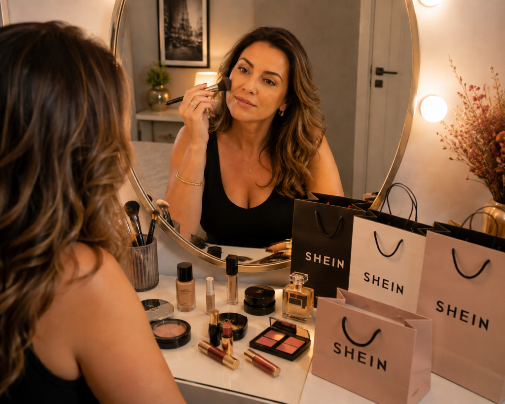 Mulher de aproximadamente 40 anos sentada diante de uma penteadeira iluminada, aplicando maquiagem enquanto se observa no espelho. Sobre a mesa há diversos produtos de beleza, como pincéis, batons, base e perfume. Ao lado das maquiagens, várias sacolas de compras da Shein estão organizadas sobre a penteadeira. A imagem representa Como ganhar maquiagens da Shein.